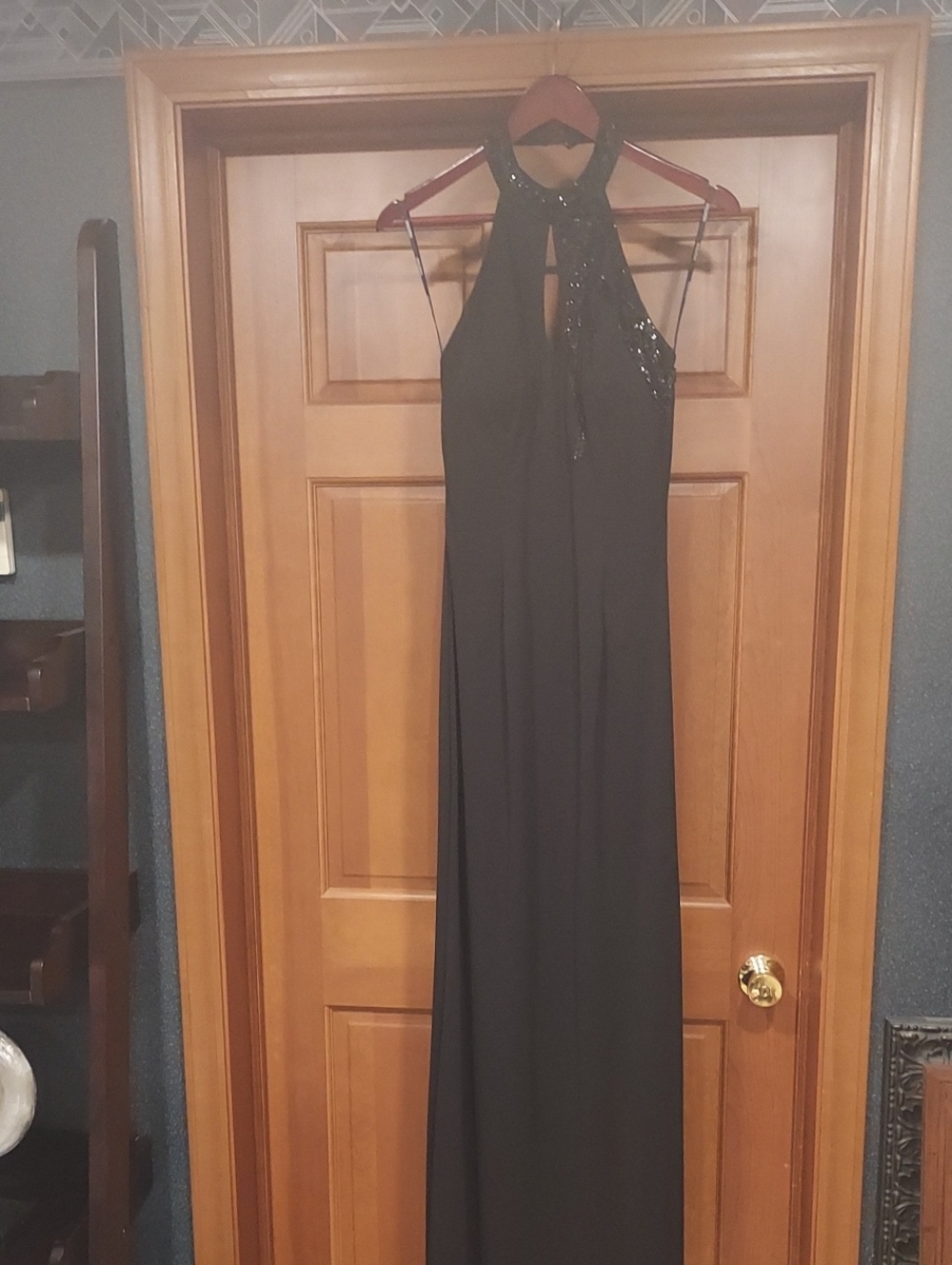 Night Way Collections Black Halter Maxi Dress with Sequin Neck